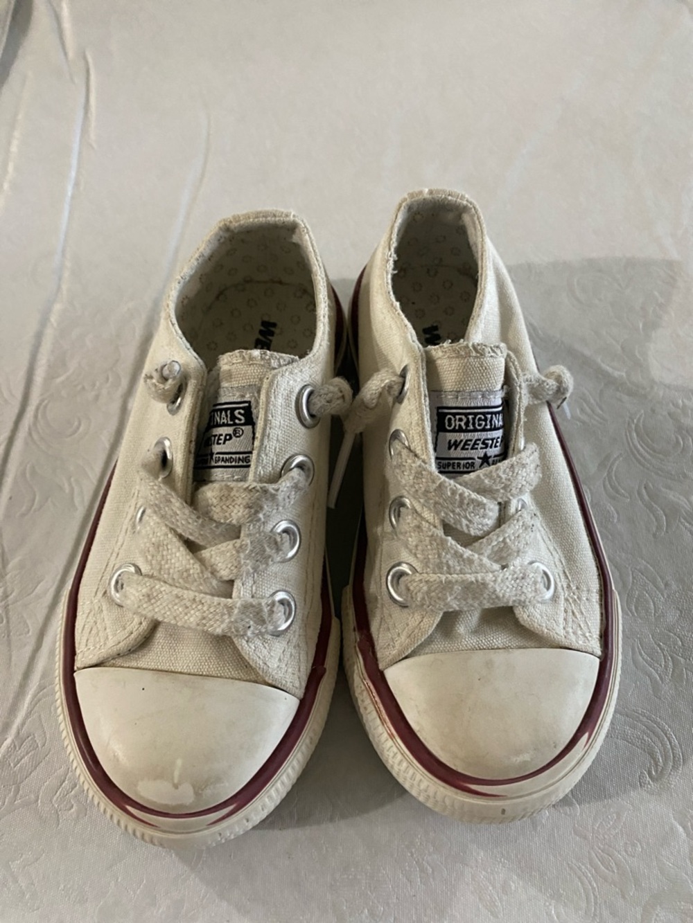 Weestep Kids Cream Canvas Sneakers with Red Trim